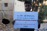 رداً على رسالة ديمستورا بالامس Yes, Mr. de Mistura, we will raise  our voices: ENOUGH with Assad, khalas. نعم ديمستورا، سنرفع اصواتنا: ليسقط الأسد. خلص!